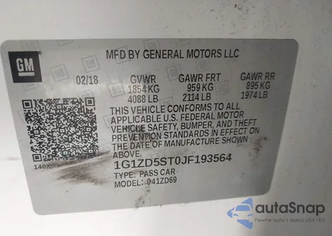 2018 Chevrolet Malibu Lt z USA, uszkodzony, nr VIN 1G1ZD5ST0JF193564